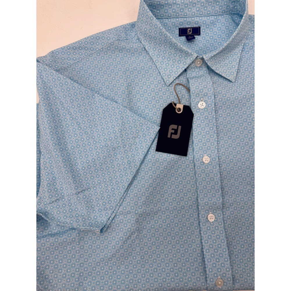FootJoy Men GeoChk Geometric Short Sleeve Woven Golf Shirt Blue Sky/White Medium
